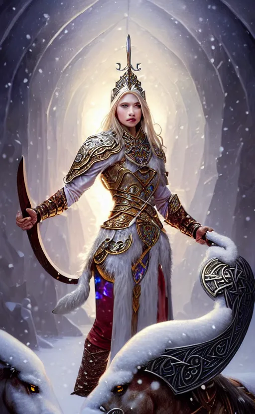 Image similar to opal viking warrior, regal, elegant, winter, snow, beautiful, stunning, hd, illustration, epic, d & d, fantasy, intricate, elegant, highly detailed, wide angle, digital painting, artstation, concept art, smooth, sharp focus, illustration, wallpaper, art by artgerm and greg rutkowski and alphonse mucha and jin xiaodi