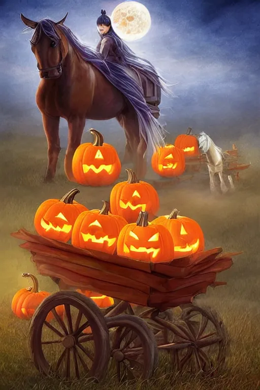 Prompt: beautiful mystical digital painting of a pumpkin cart and horses by artgerm