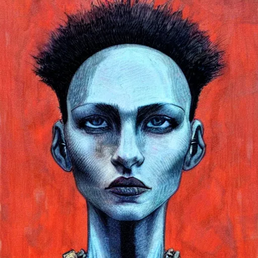 Image similar to intricate portrait, pure skin, 1 mm short blue hair, in the style of enki bilal!