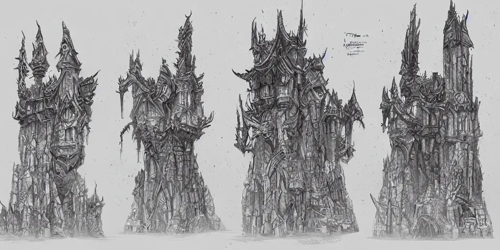 Prompt: a set of fantasy architectural concepts, drawn by luke adam hawker, world of warcraft, dungeons and dragons, concept art, sketches, ink and pen.