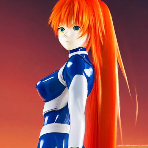 Prompt: asuka langley sohryu is a female mecha pilot with long orange hair and dark blue eyes. her hair is loose with the flanks held in twintails. she wears a tight red latex bodysuit for piloting, stylized with fancy layers and white accents. evangelion character art by yoshiyuki sadamoto