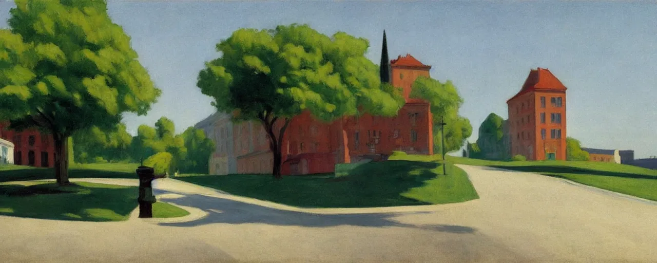 Prompt: an edward hopper style painting of a ( ( ( ( ( ( ( ( miskolc, a city in northeastern hungary ) ) ) ) ) ) ) ), late - spring, may of 1 9 4 8