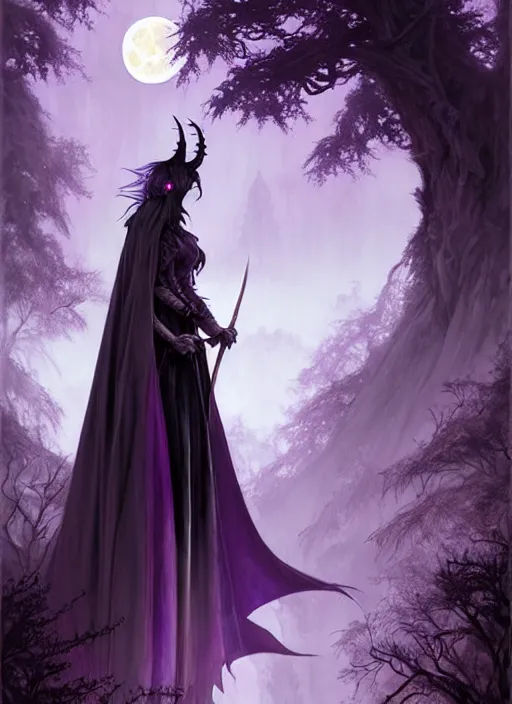 Prompt: moon in the background, side portrait dark witch, adventurer outfit large cloak, fantasy forest landscape, dragon scales, fantasy magic, undercut hairstyle, short purple black fade hair, dark light night, intricate, elegant, sharp focus, illustration, highly detailed, digital painting, concept art, matte, art by WLOP and Artgerm and Greg Rutkowski and Alphonse Mucha, masterpiece