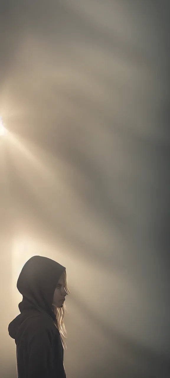 Prompt: very very beautiful mysterious profile photograph of emily skinner looking like annie leonhart in a hoodie standing next to a window god rays shining on her from the sunlight, volumetric fog, smoke, depth of field, beautiful composition, very very very beautifull face, on artstation and instagram, ray tracing