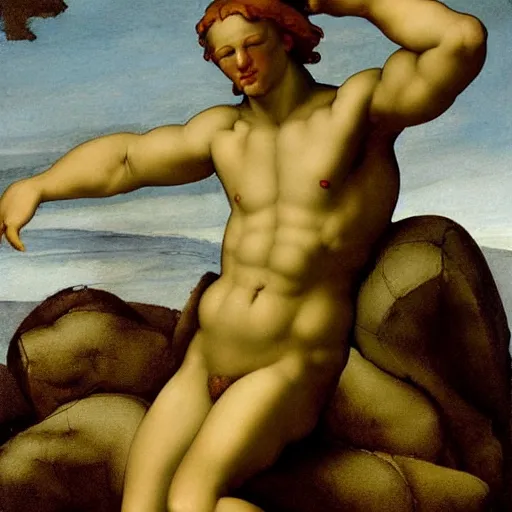 Image similar to an athletic beautiful young mermaid male painted by michelangelo