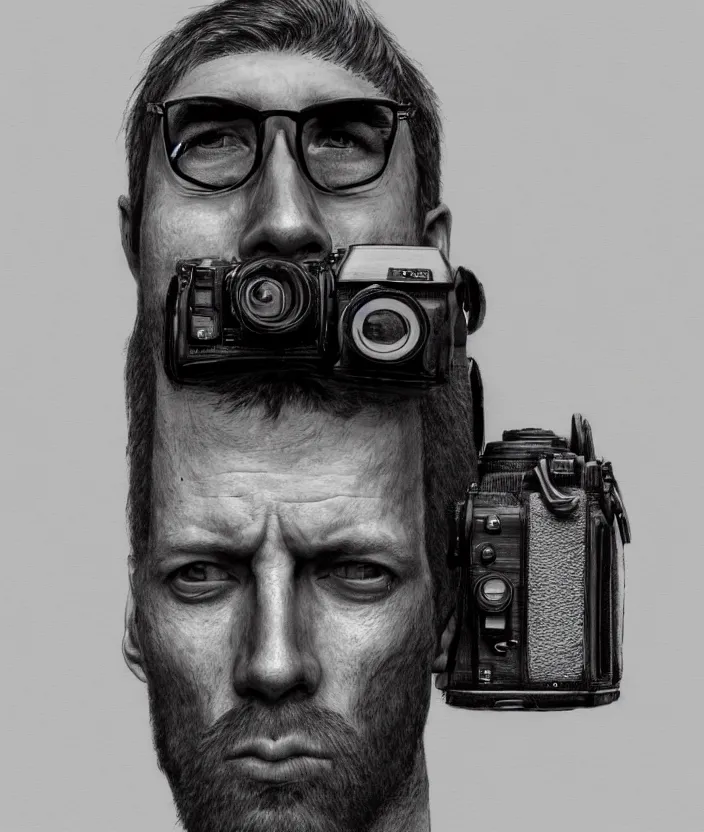 Image similar to man with camera for a head, hyper realism, fine details, concept art, digital art, deviantart artstation, very sharp, in the style of john pound,