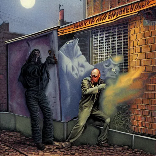 Image similar to a man hides behind a dumpster to reload while the demon in the alley coalesces : high quality high detail painting by david mattingly and larry elmore and richard corben, hd, realistic scene painting, photorealistic lighting, modern supernatural urban horror, street scene