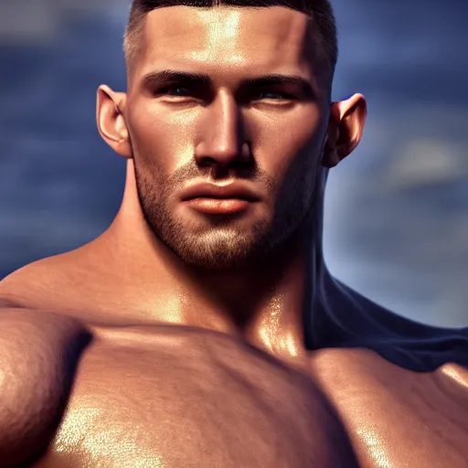 Prompt: a beautiful muscular man, close up portrait, aesthetic, oil painting, pale colors, high detail, 8 k, wide angle, octane render, trending on artstation,