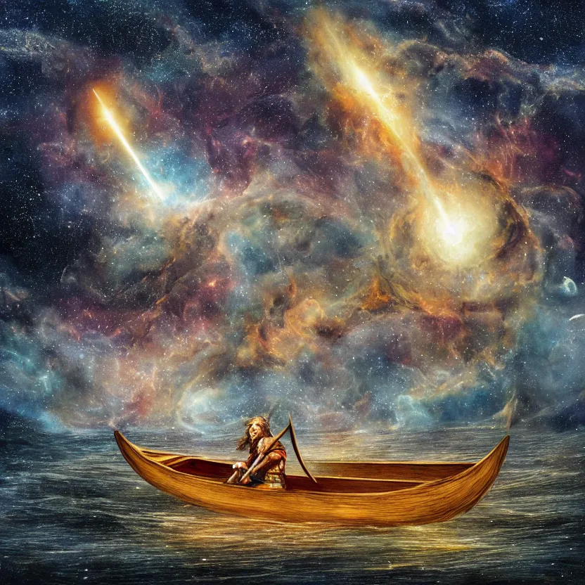 Image similar to a medieval viking longboat rowing through an ocean that is a nebula, several supernovae in the background, stellar explosions spewing streams of gas into space