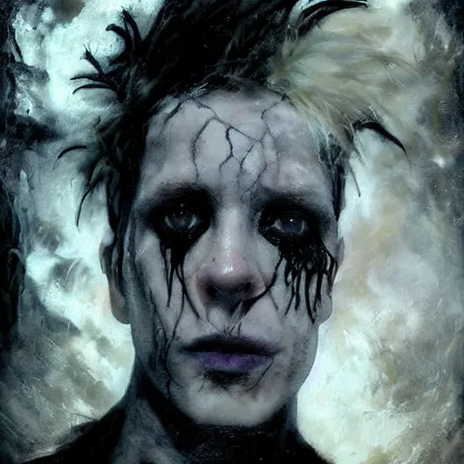 Image similar to stunning portrait of gaunt nik cave a ( the cure fan ) as dream from sandman, dim stars as eyes, by jeremy mann, by cedric peyravernay, by by russ mills, by richard avedon and ben templesmith, dramatic lightning, sadness, dark eye sockets, in the shadows, punk rock, gothic, high detailed, 8 k