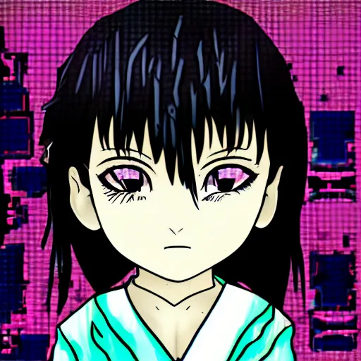 Prompt: vaporwave character face portrait of a singular kawaii chibi in the sytle of vaporwave, in simple background, nendoroid eyes, anime waifu, ukiyoe