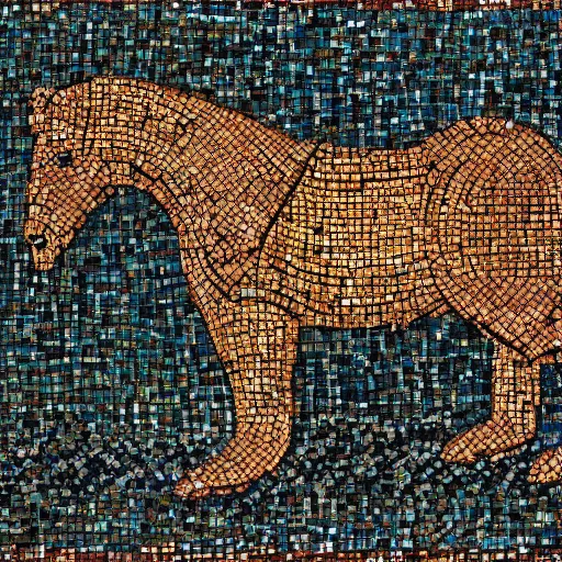 Image similar to a large teddy bear wearing chainmail, on a horse byzantine mosaic