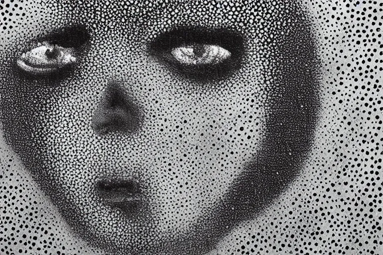 Image similar to face made out of planet, faceless people dark, dots, drip, stipple, pointillism, technical, abstract, minimal, style of francis bacon, asymmetry, pulled apart, cloak, hooded figure, made of dots, abstract, balaclava