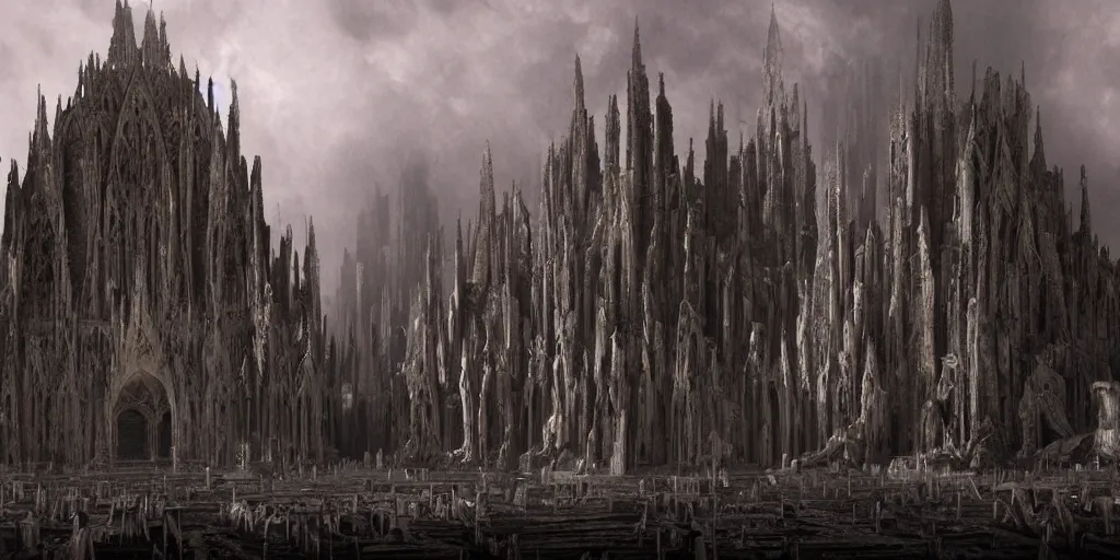 Prompt: a cathedral of flesh and stone dedicated to the god of pain, epic matte painting