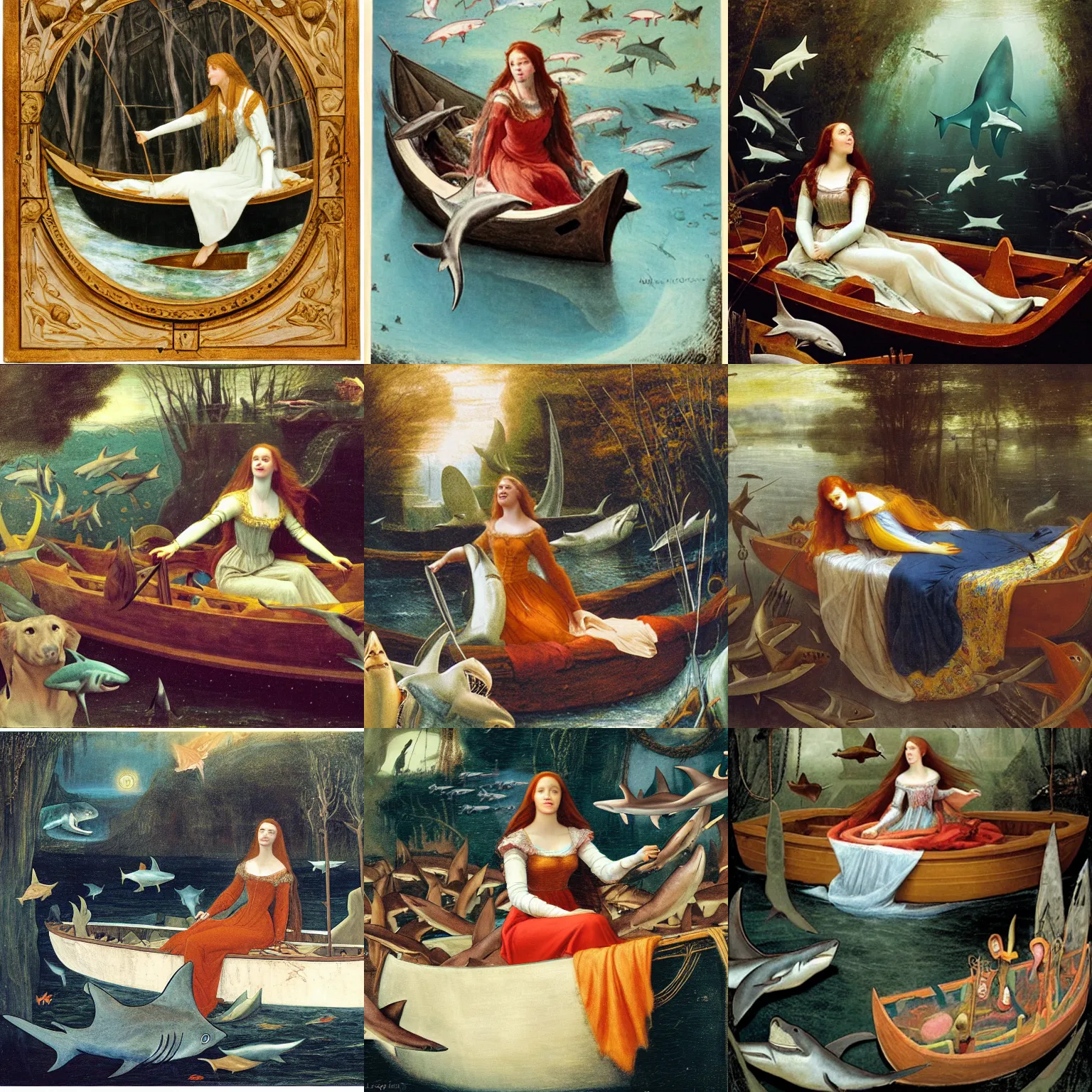 Prompt: lady of shalott surrounded by sharks