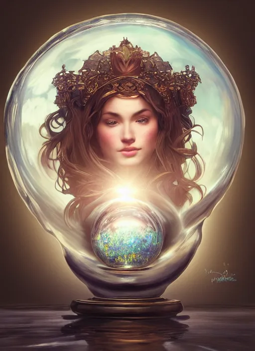 Image similar to crystal ball on a large wood stand with a beautiful dreamscape inside, studio product photography, centered, super highly detailed, professional digital painting, artstation, concept art, smooth, sharp focus, extreme illustration, unreal engine 5, photorealism, beautiful, cinematic, art by artgerm and rutkowski and alphonse mucha and loish and wlop