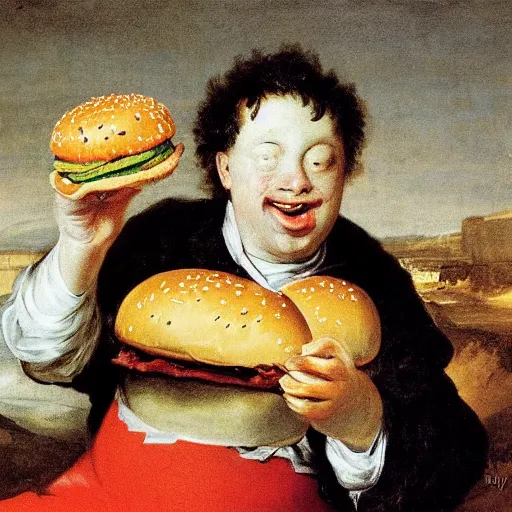 Image similar to burger king eating a burger by francisco goya