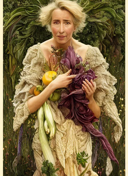 Image similar to emma thompson as an organic vegetable, diffuse lighting, fantasy, intricate, elegant, highly detailed, lifelike, photorealistic, digital painting, artstation, illustration, concept art, smooth, sharp focus, art by john collier and albert aublet and krenz cushart and artem demura and alphonse mucha