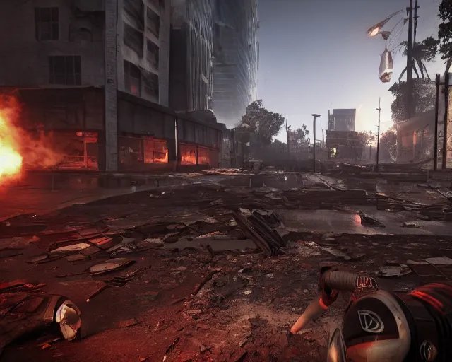 Image similar to duke nukem battling his way through a destroyed la, night, ran, pigsoldiers, rendered in cryengine, volumetric lighting, rtx on