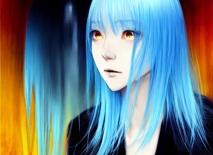 Prompt: rimuru tempest looking in a mirror, sky blue straight hair, bangs, with amber eyes, gold eyes, wearing a black jacket, high collar, ultra detailed, concept art, award winning photography, digital painting, pretty, cinematic, wlop artstation, closeup, pixiv, yoshitaka amano, andy warhol, ilya kuvshinov,