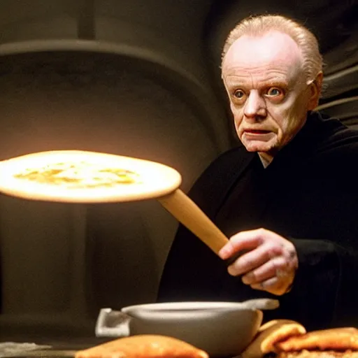 Image similar to A still of Ian McDiarmid as Palpatine making a pizza, 4k, photograph, ultra realistic, highly detailed, professional lighting