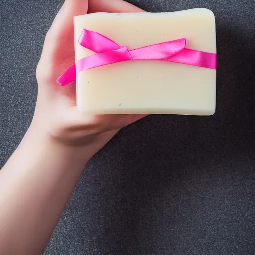 Prompt: a hand holding up a hand made scented bar of soap with a ribbon around it, soap shop in the background, studio advertising photography