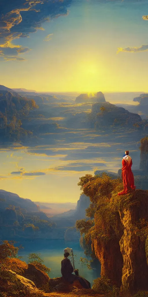 Image similar to symmetry!! god overlooking a surreal landscape of a dream, lucid dream, people, very detailed, serene, peaceful, golden hour, perfect lighting, perfect composition, digital art, illustration, frederic edwin church, 4 k