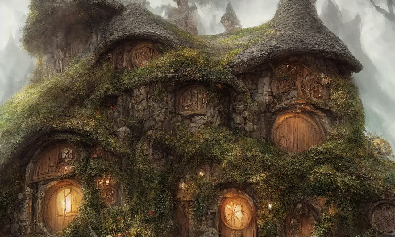 Image similar to The house of the Hobbit Bilbo Baggins, highly detailed, digital painting, artstation, concept art, smooth, sharp focus ilustration, Artstation HQ