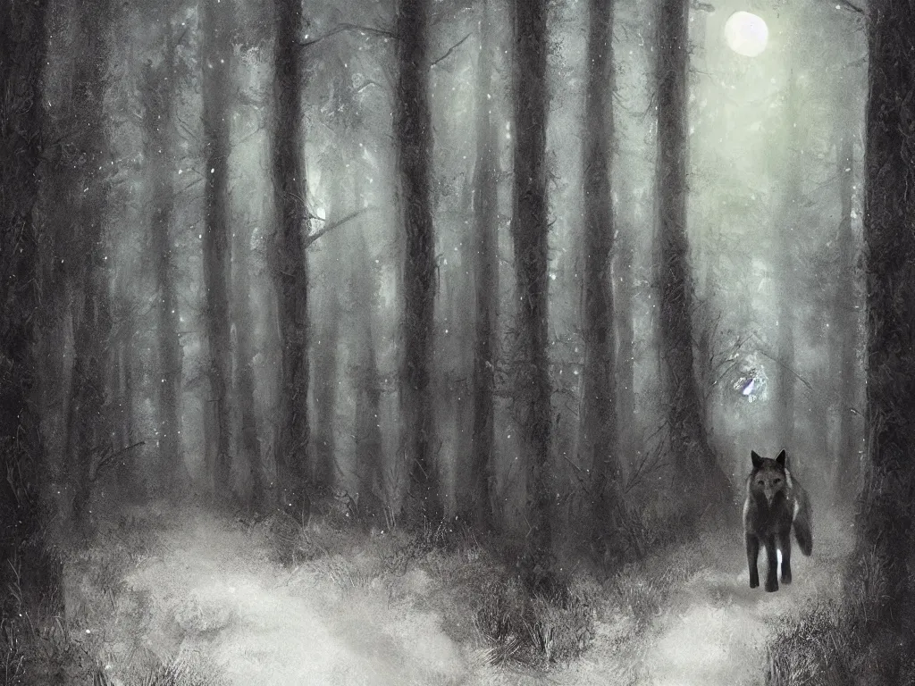 Image similar to portrait of a large wolf walking on a dark path through the forest at night under a full moon, 8 k, photorealistic, digital painting,