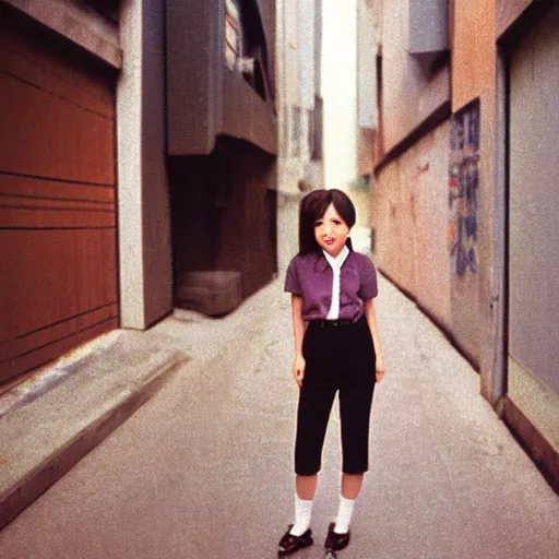 Image similar to 1990s perfect 8K HD professional photo of close-up japanese schoolgirl posing in sci-fi dystopian alleyway, at instagram, Behance, Adobe Lightroom, with instagram filters, depth of field, taken with polaroid kodak portra