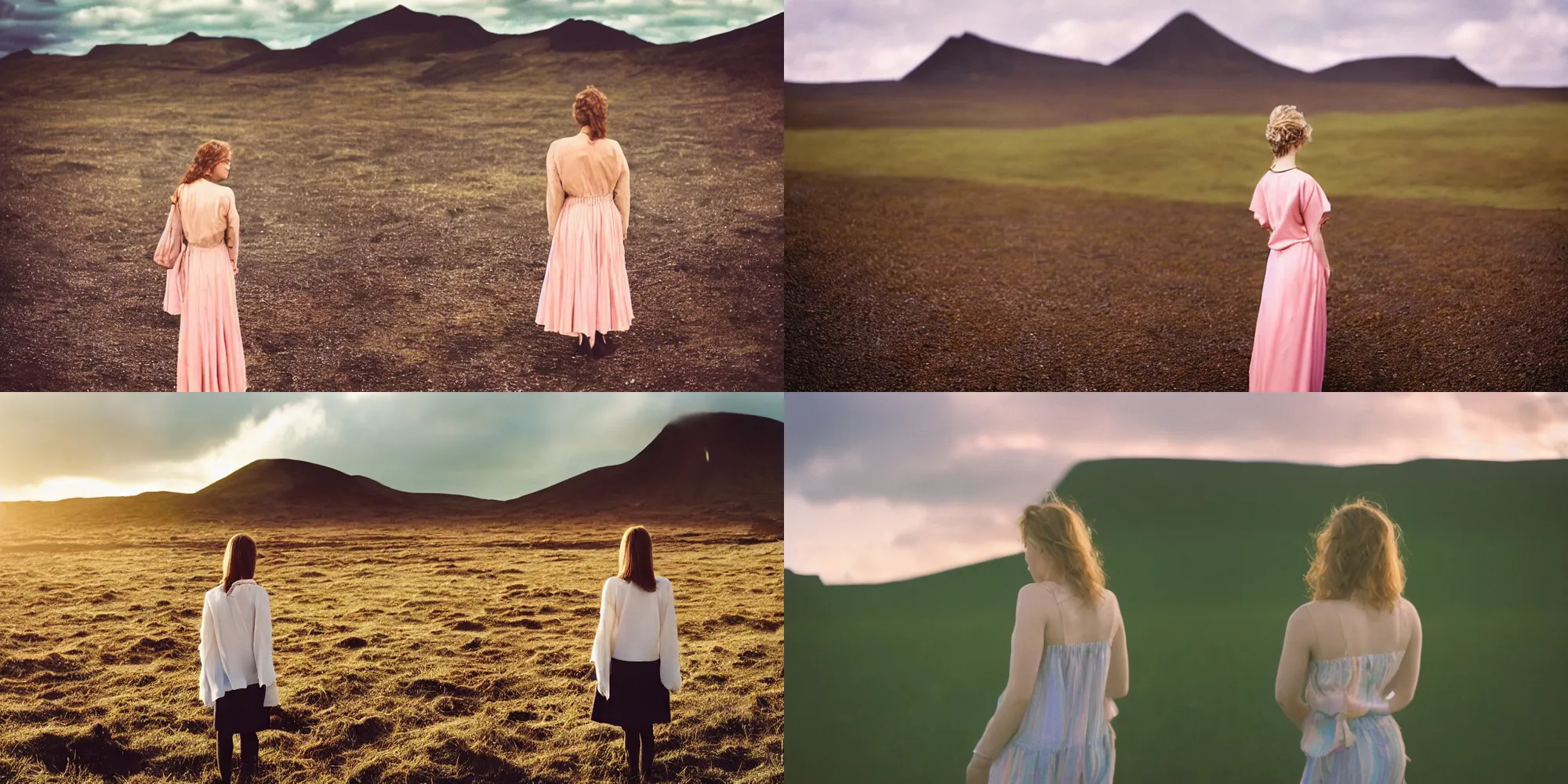 Prompt: photograph of a beautiful!!! woman! from the back standing in a volcanic field by mark owen. scotland mood. pastel colors. kodak portra 4 0 0 film!!. whirl bokeh!. mamiya 7. highly detailed. hq. photoreal. golden hour. lens flare. faded film. in - frame