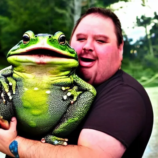 Image similar to fat man holding worlds largest fat frog which is screaming