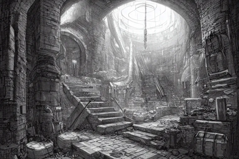 Image similar to black and white one point perspective refinery dungeon cozy fantasy dungeon hallway view with pit in the middle of the ground by artgerm and Craig Mullins, James Jean, Andrey Ryabovichev, Mark Simonetti and Peter Morbacher 16k