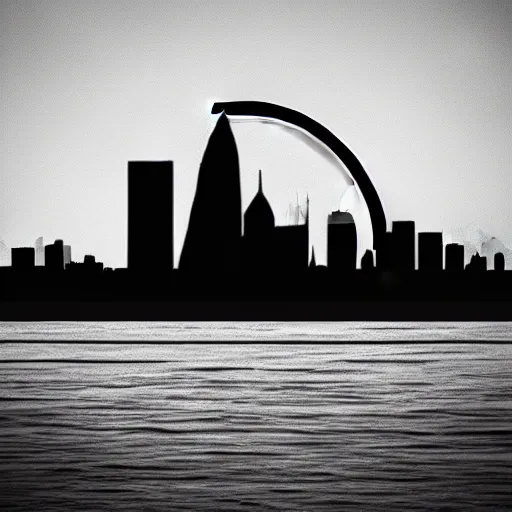 Image similar to a perfect circle, the outer edge of the circle is hugged by the silhouette of a city skyline, black and white, minimalist, in the style of a line drawing