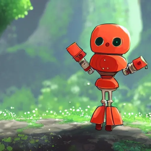 Image similar to cute little robot with tomato head and a carrot sword, made in abyss style standing on a forest
