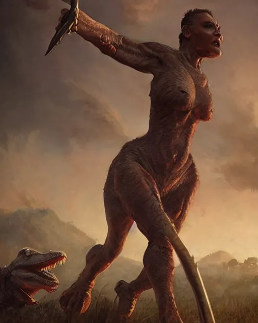 Image similar to hyper realistic photo of prehistoric hunter girl on a dino full body, cinematic, artstation, cgsociety, greg rutkowski, james gurney, mignola, craig mullins, jean baptiste monge, brom