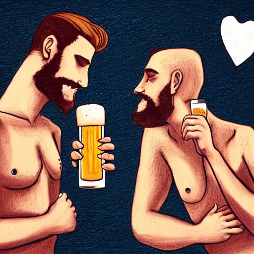 Image similar to two beautiful chad men drinking beers, many white hearts, friendship, love, sadness, dark ambiance, concept by Godfrey Blow, featured on deviantart, drawing, sots art, lyco art, artwork, photoillustration, poster art