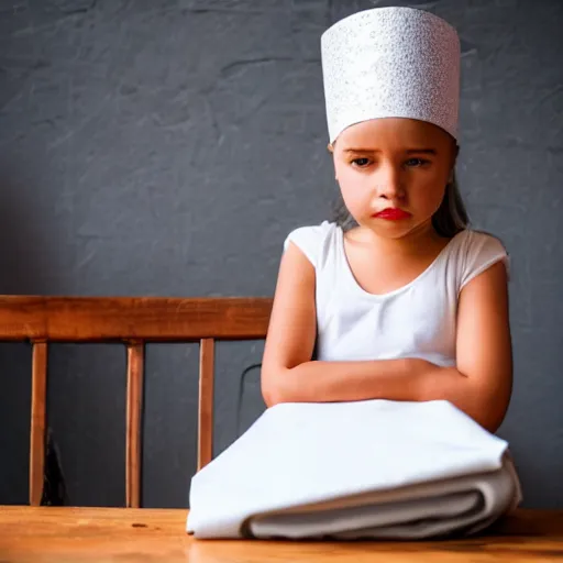 Image similar to a girl with a white headkerchief sitting alone on a birthday table looking sad