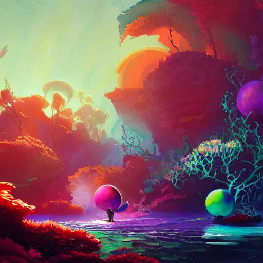 Image similar to a beautiful vivid colorful matte watercolor painting by Grzegorz greg rutkowski and and Anato Finnstark and Tyler Edlin, of an underwater discotheque with a disco ball and dancing mermaids and fish and a rainbow seaweed forest, trending on ArtStation hq