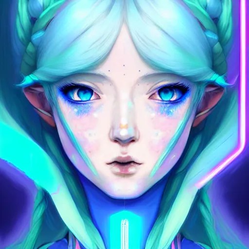 Image similar to art championship winner trending on artstation portrait of a goddess elven mecha warrior princess, head and shoulders, blue hair, matte print, pastel neon, cinematic highlights, lighting, digital art, cute freckles, digital painting, fan art, elegant, pixiv, by Ilya Kuvshinov, daily deviation, IAMAG, illustration collection aaaa updated watched premiere edition commission ✨✨✨ whilst watching fabulous artwork \ exactly your latest completed artwork discusses upon featured announces recommend achievement