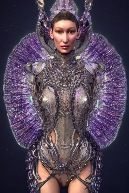 Image similar to a highly detailed metahuman 4 k render close up of a alien goddess bella hadid in iris van herpen dress schiaparelli in diamonds swarovski and jewelry in style of alphonse mucha gustav klimt trending on artstation made in unreal engine 4