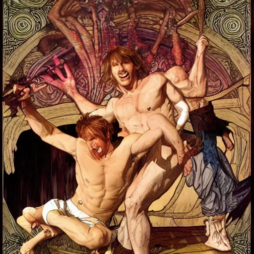 Image similar to hobbits wrestling with demons, hyper realistic, digital painting. art station. mood lighting, highly detailed, concept art, intricate, sharp focus, by shaun berke and alphonse mucha, milo manara - h 1 2 0 0