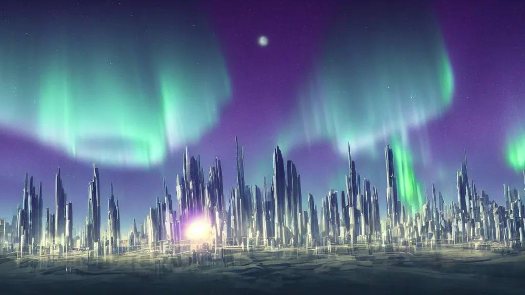 Prompt: futuristic city, aurora borealis, mountains in the distance, multiple moons, ignis fatuus