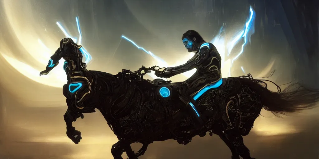 Prompt: tron legacy jesus riding cyborg horse, face, diffuse lighting, hyper realistic, concept art, intricate, hyper detailed, smooth, sharp focus, illustration, trending on artstation, art by greg rutkowski and james gurney and alphonse mucha