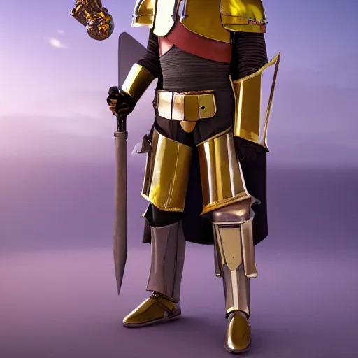 Image similar to a highly detailed knight in a mandalorian golden helmet and crown with a diamond in the center, golden armor, leather clothes under the armor, leather gloves, holds a black sword, artstation, DeviantArt, professional, octane render, sunset lighting