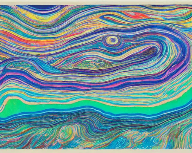 Image similar to Ocean waves in a psychedelic dream world. DMT. Curving rivers. Craggy mountains. Landscape painting by Edvard Munch. David Hockney. Takashi Murakami. Minimalist.