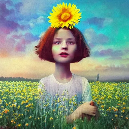 Image similar to daisy flower for a head, portrait of girl in flower field, holding daisy, surreal photography, sunrise, impressionist painting, colorful clouds, digital painting, artstation, simon stalenhag, flower face