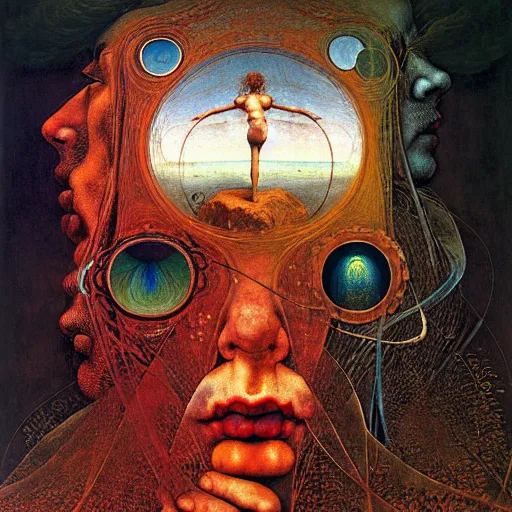 Image similar to an oil painting by botticelli, by arcimboldo, by yoshitaka amano, by beksinski seen through a kaleidoscope, detailed, high resolution