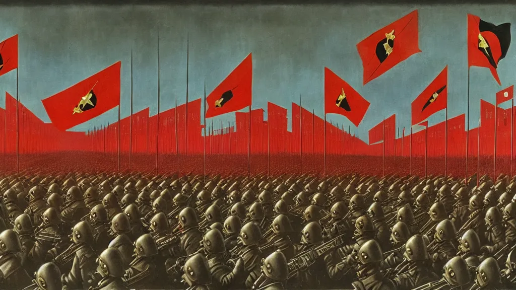 Image similar to army parade glorious march, futuristic alternate timeline, anarcho - communist hordes, red and black flags, modernist factories in background, art by max ernst, cnt spanish civil war era propaganda, extremely detailed, 4 k