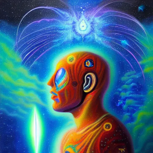 Image similar to transcendent sacred spaceman, astral spirit space journey in oil painting, ayahuasca, trending on artstation, award winning, emotional, highly detailed ethereal surrealist art